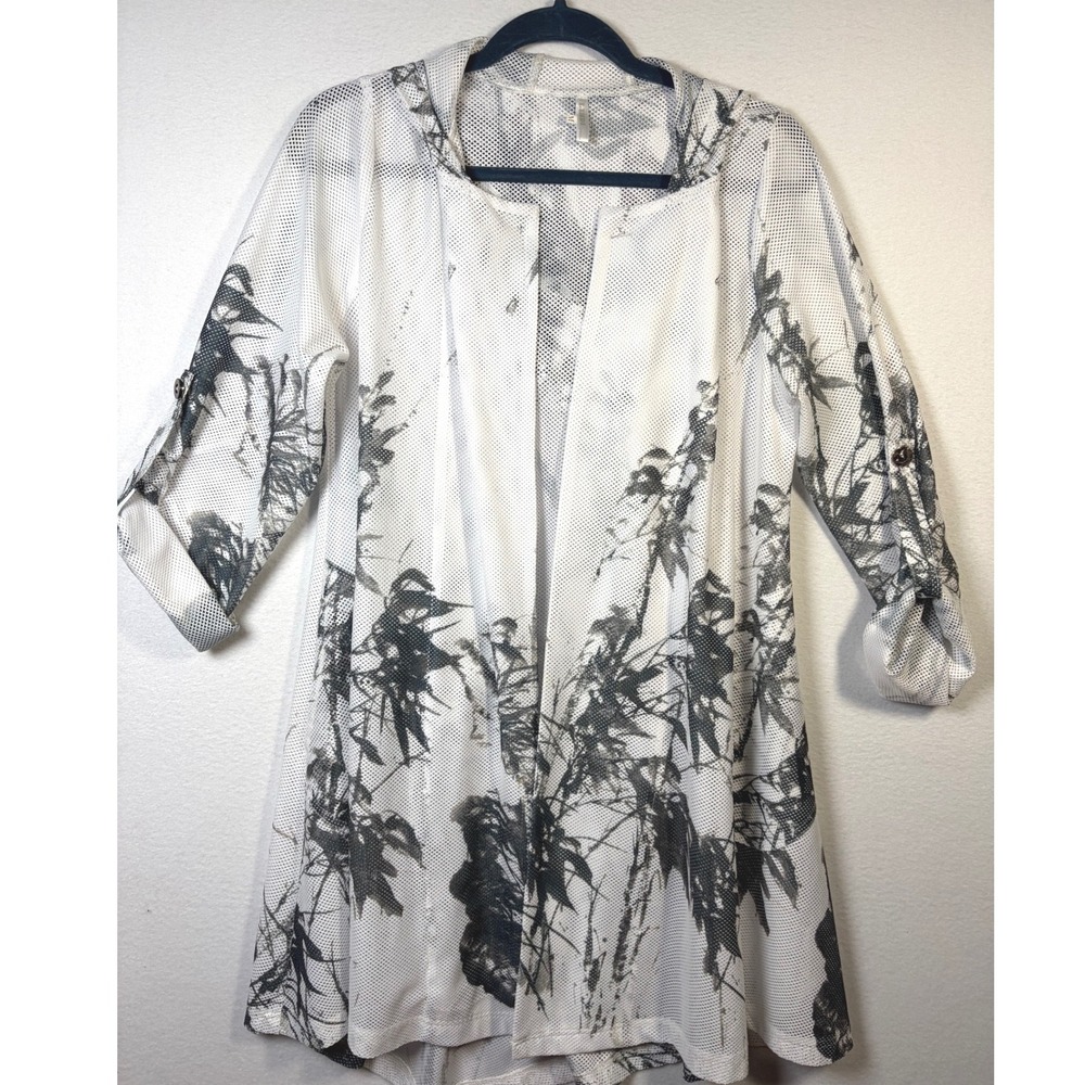 Lindi Cardigan Women Medium White Excellent Mesh Hooded Roll Tab Sleeve Print